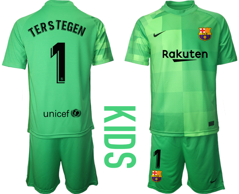 Youth 2021-2022 Club Barcelona green goalkeeper #1 Soccer Jersey